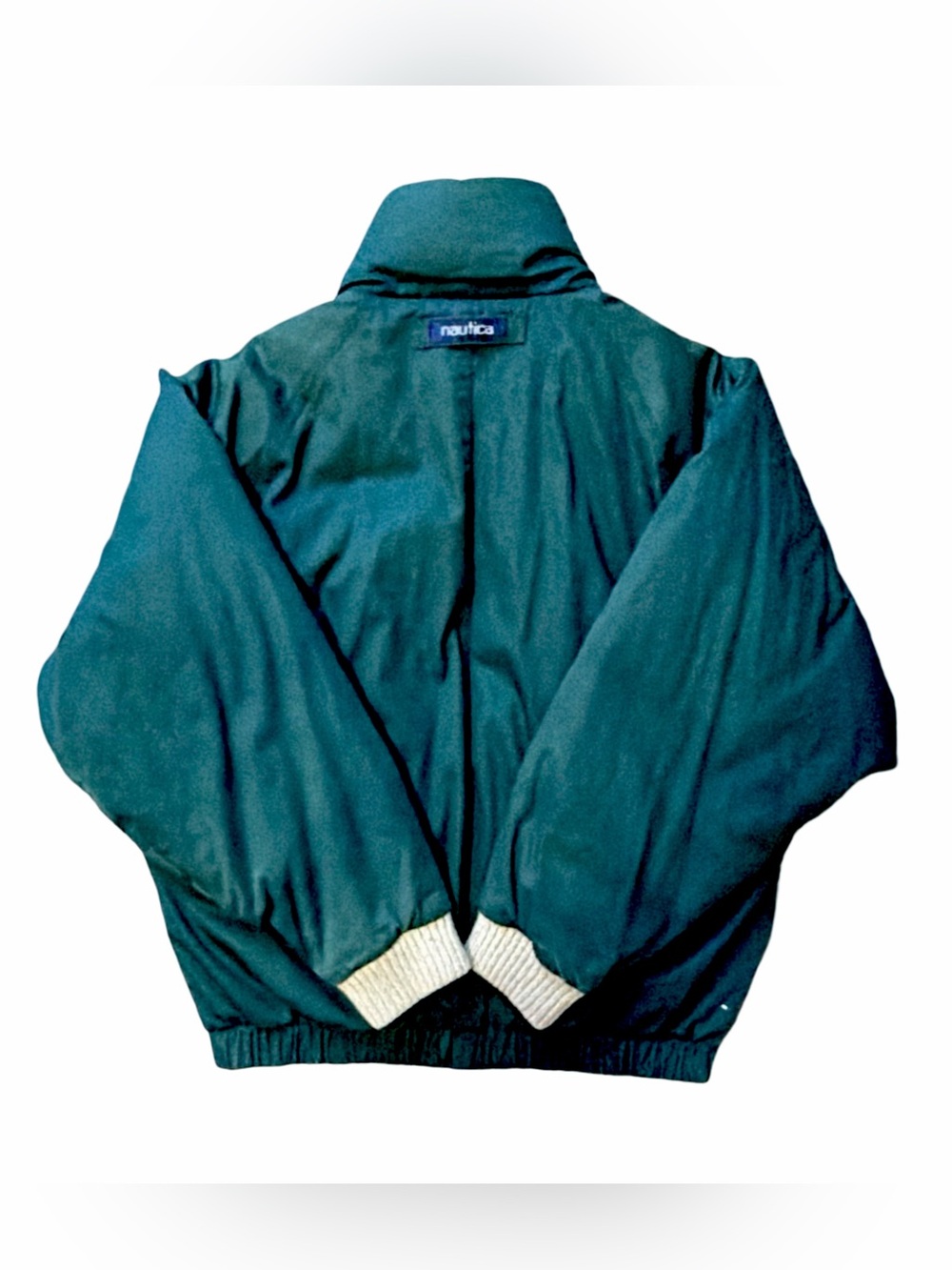VTG Men’s Nautica Goose Down Puffer Coat | Green | Leather Arm Patches | Large - Picture 11 of 15